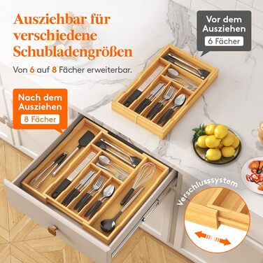 Органайзер для столових приборів Lifewit в шухляду, бамбуковий, 47 см (29-50 см)