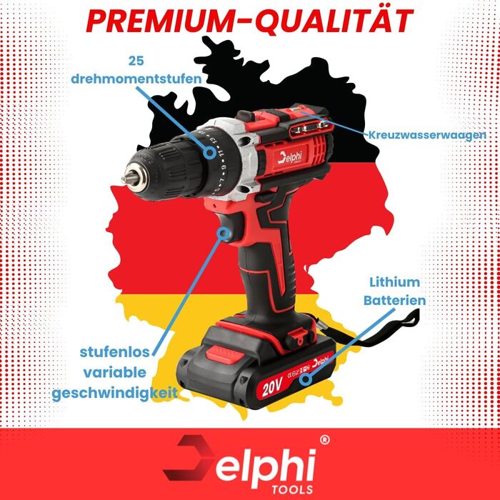 Акумуляторний шуруповерт DELPHI 20V: комплект з 2 акумуляторами, 50Nm, 2 швидкості, 25 ступенів моменту, LED-ліхтар, 34 аксесуари в кейсі для DIY-проєктів