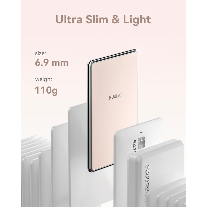 PowerBank Kuulaa Ultra Slim 5000 mAh з MagSafe, Type-C 20W, Швидка зарядка, 7.2 мм, для iPhone 16/15/14/13/12 (Рожевий)