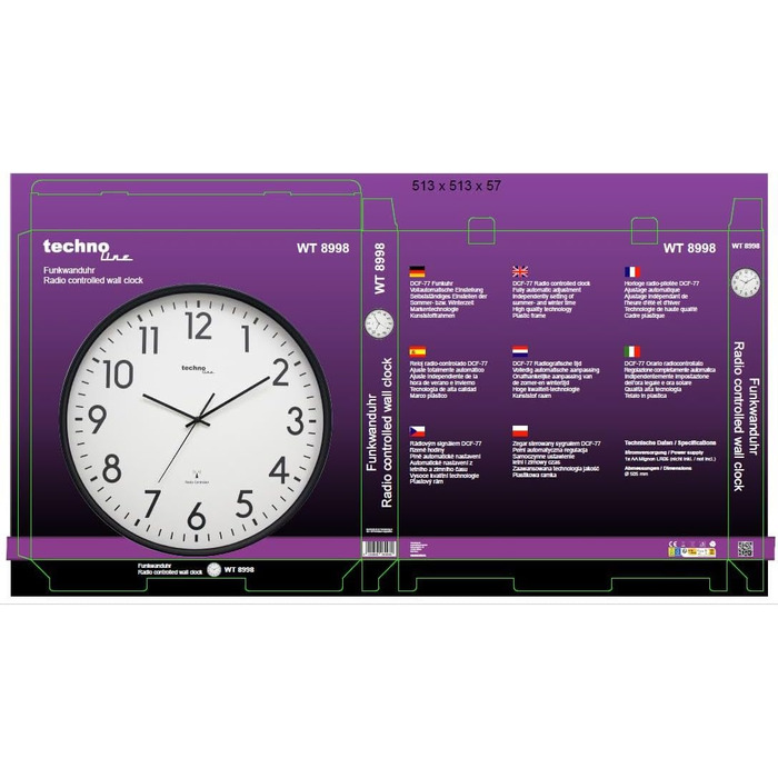 Technoline XXL Radio Wall Clock WT8998, 50 cm, Station Clock, XXL Wall Clock, Black