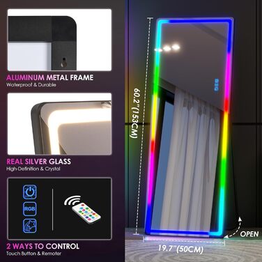 Дзеркало для тіла LVSOMT з підсвіткою, 120x40 см, настінне/на двері, LED, чорне