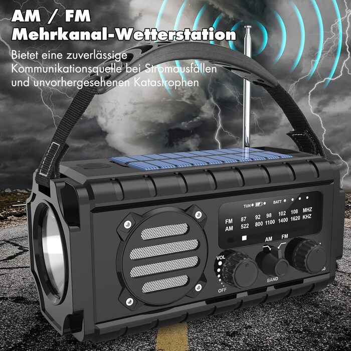 Радіо на сонячній батареї 20000mAh з ручним заводом, AM/FM, LED ліхтарик, SOS сигнал, IPX6, чорний