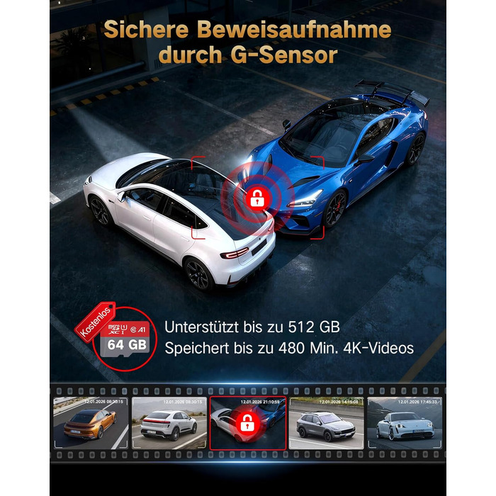 3-канальний автомобільний відеореєстратор 4K (передній, задній, салонний), 170° широкий кут, нічна зйомка, паркування 24/7, G-сенсор, WiFi 5.8 ГГц, SD-карта 64ГБ, чорний