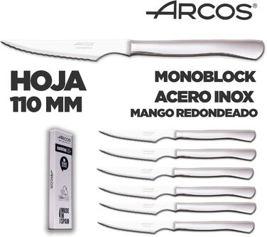 Набір ножів для стейку Arcos, 6 шт, нержавіюча сталь, лезо 110 мм, моноблочна ручка, можна мити в посудомийці, екологічна упаковка