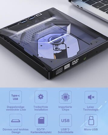 Зовнішній CD/DVD привід для ноутбука та ПК USB 3.0 & Type-C, DVD-RW записувач з картридером SD/TF та USB-хабом для Windows, Linux, Vista