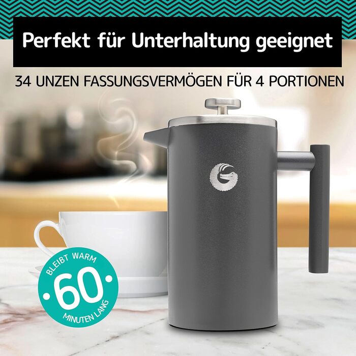 Френч-прес Coffee Gator 1 літр з термокружкою, з нержавіючої сталі, для дому, офісу, кемпінгу (Помаранчевий)