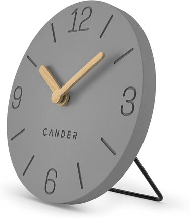 Cander Berlin MNU 2615 H Gray Table Clock, battery-powered, silent (no ticking), vintage, analog, modern, wood hands, MDF, 15 cm