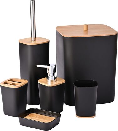 Yorkmills 6-Piece Bamboo Bathroom Accessory Set, Bathroom Accessory Set, Bathroom Trash Can and Toilet Brush Set, Modern Trash Can, Toothbrush Holder Cup, Soap Dish Holder