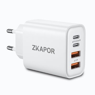 Мережевий адаптер ZKAPOR 40W з 4 USB-портами: швидка зарядка PD+QC для iPhone 16/15/14, Samsung Galaxy, Huawei, iPad