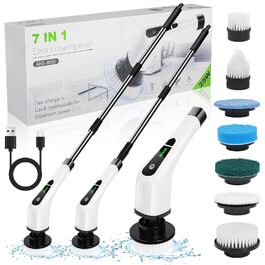 Електрична щітка для чищення OSDUE з 7 насадками, бездротова, водонепроникна IPX7, для ванни та плитки, з регульованою ручкою 137 см, біла