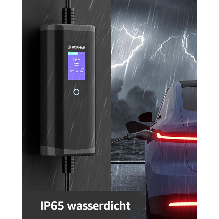 Кабель для зарядки електромобілів Bokman Typ 2 з CEE роз'ємом, 5 метрів, 6-16A, 11kW, 3-фазний, IP65 вологостійкий, портативний зарядний пристрій для електромобілів, мобільна зарядка, станція зарядки, IEC 62196-2, з сумкою та мікрофіброю