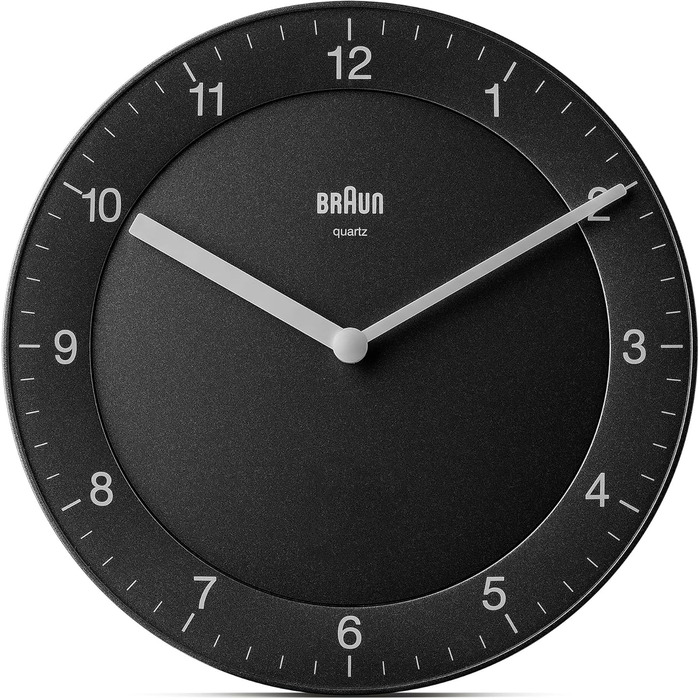 Braun Classic analog wall clock with quiet quartz movement, easy-to-read dial with a 20 cm diameter in black, model BC06B.