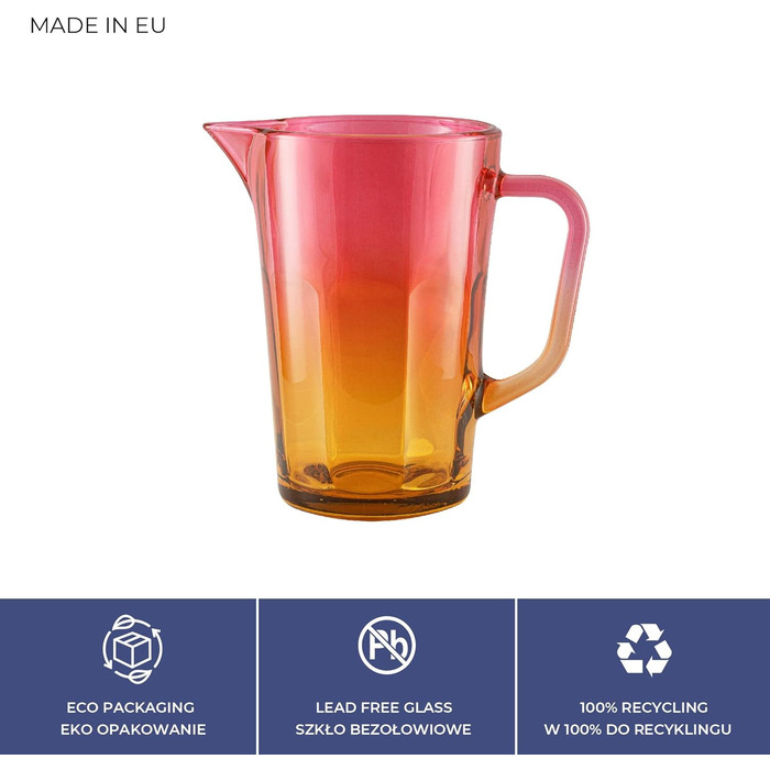 Water Carafe Glass 1 Liter with Comfortable Handle Colorful Water Pitcher 19 cm Glass Jug Orange Pink Glass Pitcher Water Carafe Glass Carafe Pitcher Glass Jug 1l | Gigi Magical Sunrise