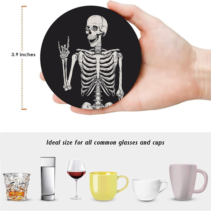 Britimes Drink Coasters, Set of 6, White Marble, Inspiring Love, Absorbent, Round, Ceramic-Stone Mat, with Cork Bottom and Metal Holder, Housewarming Gift, Bar, Decor (Skeleton)