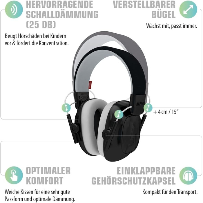 Дитячі навушники для захисту від шуму Alpine Muffy – комфортний захист вух для дітей до 16 років, регульоване наголов'я (чорний)