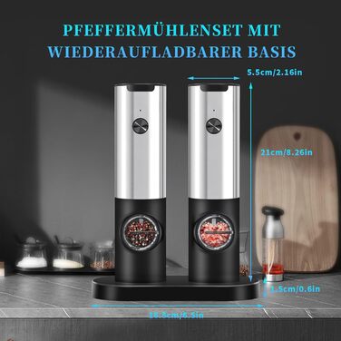 Electric Salt and Pepper Grinder Set, Rechargeable, USB Charging Station, Automatic Pepper and Salt Grinder Spice Grinder Refillable, One-Hand Operation, Adjustable Coarseness, LED Light