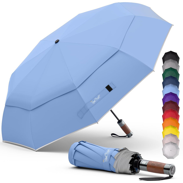 Royal Walk: Чоловічий та жіночий парасолька-тростина, штормовий, автоматичний, з подвійним покриттям, шіферно-блакитний, з дерев'яною ручкою