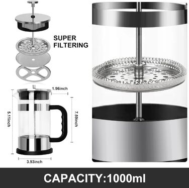 UCAMP Френч-прес для кави та чаю, 1000 мл, скляна кавова преса, портативна кавоварка з потрійним фільтром, для подорожей та подарунків