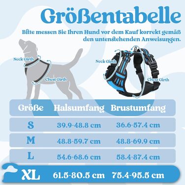 Нашийник для собак Rabbitgoo, великі породи, регульований, проти тяги, з ручкою, м'який, світловідбиваючий, блакитний, L (XL, 1 шт.)