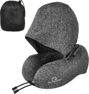 Подушка для шиї в літак з капюшоном, Memory Foam, регульована, для дорослих, авто, офіс (сіра)