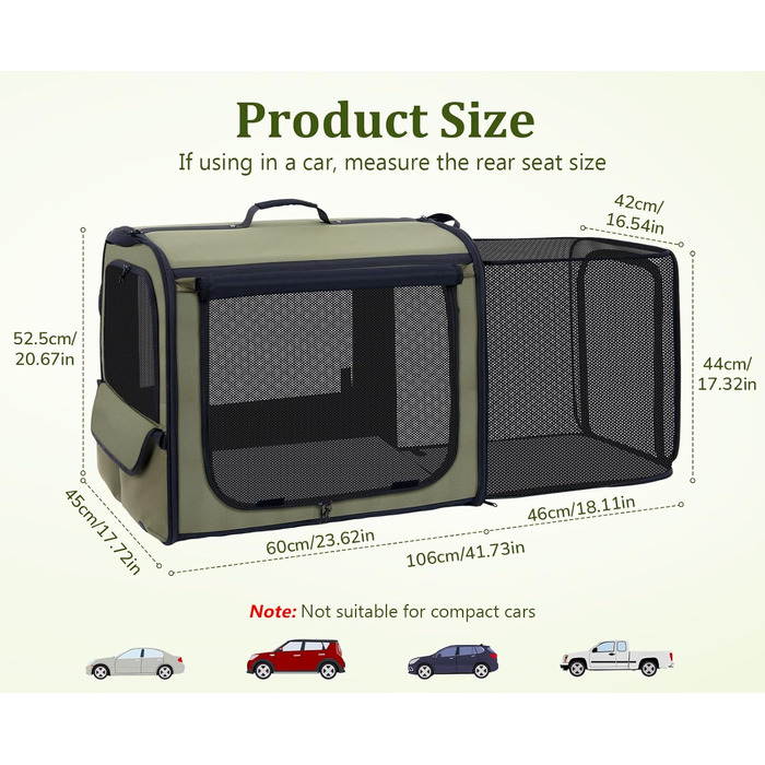 Транспортна переноска для собак Pecute: стабільна, складана, дихаюча, з ролетним вікном, 61 x 52 x 45 см (темно-зелений)