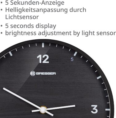 Bresser MyTime Radio-Controlled Wall Clock without Ticking Sounds, 24 cm Dial, LED Second Display, Indoor Temperature, and Silent Radio Clock Movement (Black)