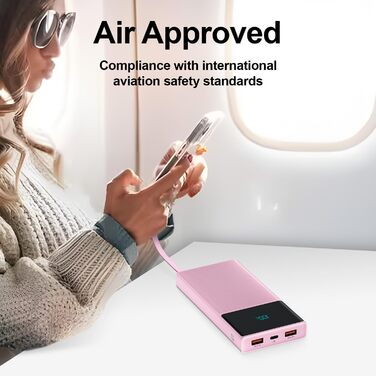 Портативний зарядний пристрій Power Bank 13000mAh з 2 вбудованими кабелями, LED-дисплеєм, рожевий