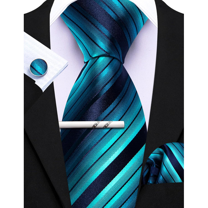 Комплект краваток Barry.Wang: краватка, кишеньковий хустинка, запонки (синьо-зелена смужка)