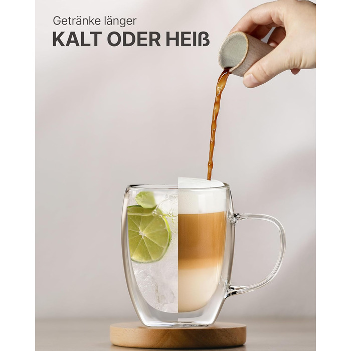 Набір кавових чашок Lemontree 4 шт. 250 мл, подвійні стінки, Borosilikatglas, для капучино, лате макіато, 180°C, стійкі до миття в посудомийній машині, Gastronomie Qualität