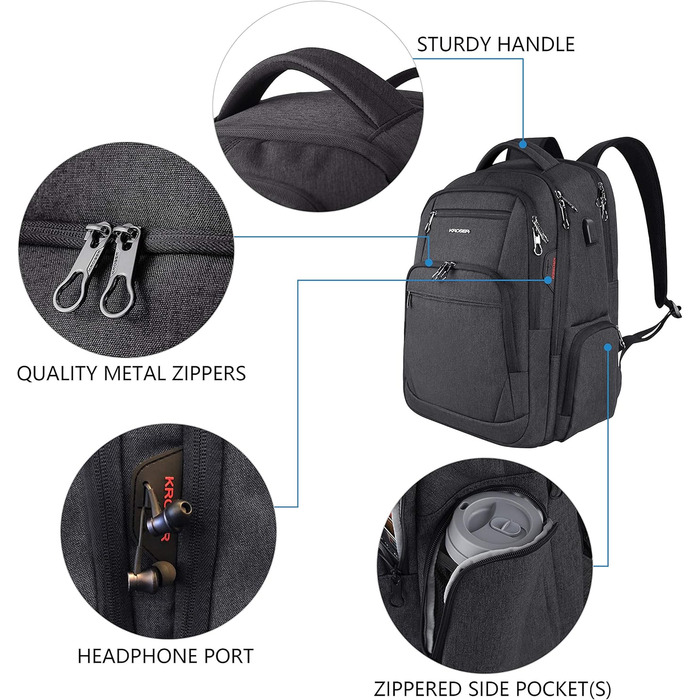 Рюкзак для ноутбука KROSER 17.3'' - бізнес, шкільний, для подорожей. З USB та RFID-кишенями (чорний)