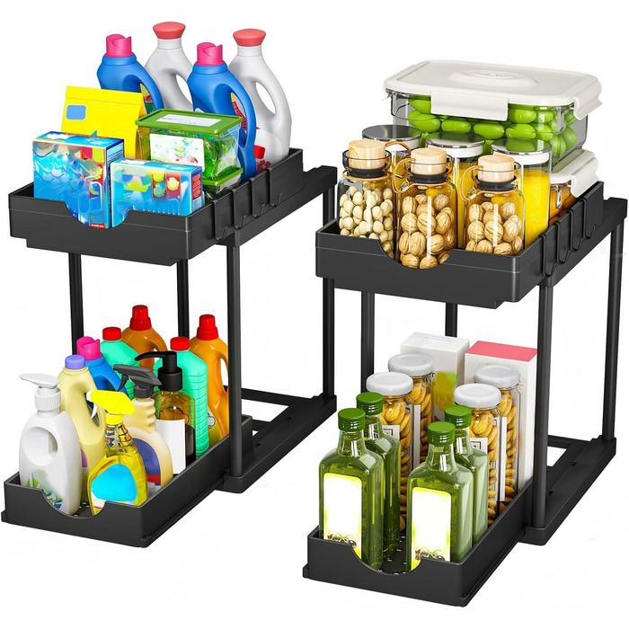 StowBin Kitchen Organizer, 2 Pack Under Sink Shelf with 4 Hooks, Dish Cabinet Organizer, Bathroom Organizer, Closet Organizer, Organization System for Kitchen