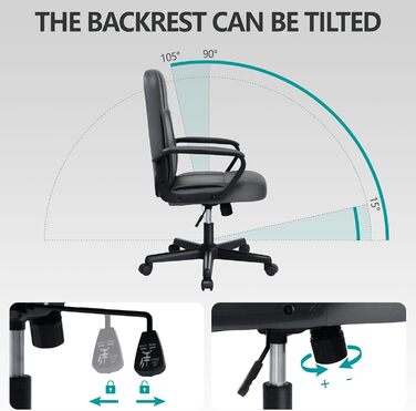 Офісне крісло MIXASTEP з PU-шкіри, регульована висота, поворотне, з підлокітниками та колесами 360°, для роботи, навчання, геймінгу (сірий)