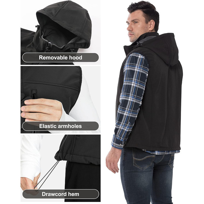 Чоловіча тепла жилетка Softshell з капюшоном, чорна XXL - водонепроникна, без рукавів