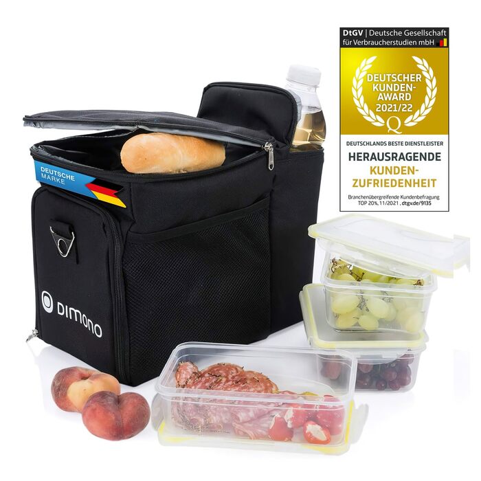Сумка-холодильник Dimono® 15L з 3 контейнерами для їжі; пікнікова сумка з 3 ланчбоксами + кришка; сумка для обіду Isotasche з 3 боксами та охолоджувальним акумулятором (чорна)