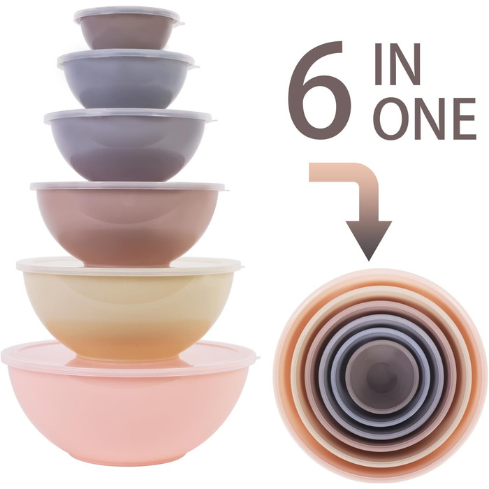 Набір мисок для перемішування BoxedHome з кришками (12 шт.), миски для салатів з пластику, неслизькі, стійкі, для кухні (6 мисок та 6 кришок, хакі)