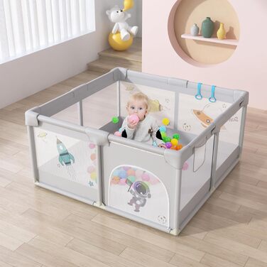 UISEBRT Baby Playpen 127x127cm Playard for Baby with 50 Ocean Balls & 4 Pull Rings & Carry Bag, Foldable Playpen Tent with Breathable Mesh for Kids, Blue with Animal Motifs 127x127x68cm Blue with Animal Motifs