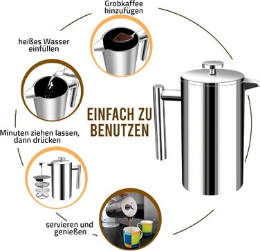 KICHLY French Press Coffee Maker 34 Oz - 1000 ml (4 Coffee Cups / 8 Coffee Mugs) - Coffee Machine with Triple Stainless Steel Filter & Insulated Walls - Silver