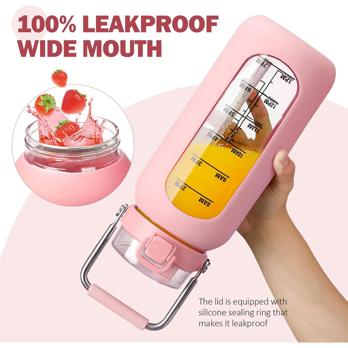 BLUEGO 2000ml Glass Water Bottle with Stainless Steel Handle and Time Marker 2L Motivation Glass Dryer with Silicone Sleeve and Straw for Gym, Office, Outdoors, Sports Water Bottles BPA-free, (Pink)