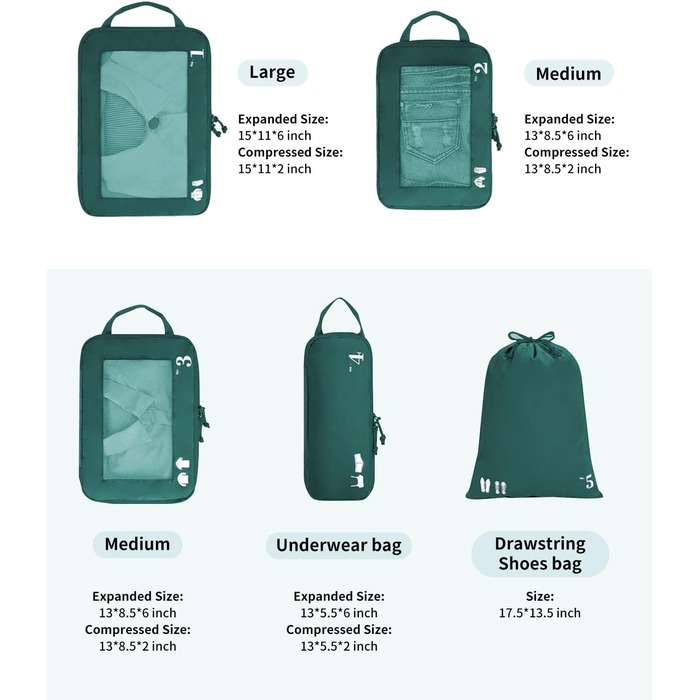 ECOHUB Набір органайзерів для валізи (5 шт.) - Компресійні куби для пакування, темно-зелений