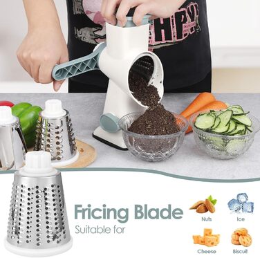 Ручна тертка для сиру та овочів Dreamhigh з ручкою, 3 змінні леза з нержавіючої сталі, для сиру, овочів, горіхів, моркви, огірків, білий колір