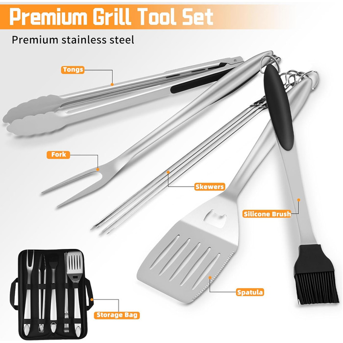 Набір аксесуарів для гриля з нержавіючої сталі на 9 частин, преміум-якість, для чоловіків та батьків, ідеальний подарунок на день народження/Новий рік, для BBQ, гриля та кемпінгу, з сумкою, включає шпатель, щипці