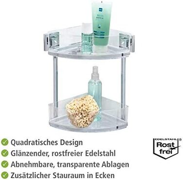 WENKO Vacuum-Loc® Bathroom Corner Shelf Quadro Duo, No Drilling Required, with 2 Shelves, Rust-Proof Stainless Steel Holder with Removable Plastic Tray, Easy-to-Clean Shower Shelf, 28 x 32.5 x 19.5 cm