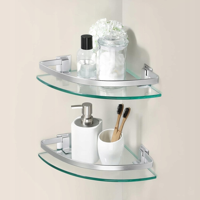 Алюмінієва скляна полиця у ванну кімнату, кутова полиця KES