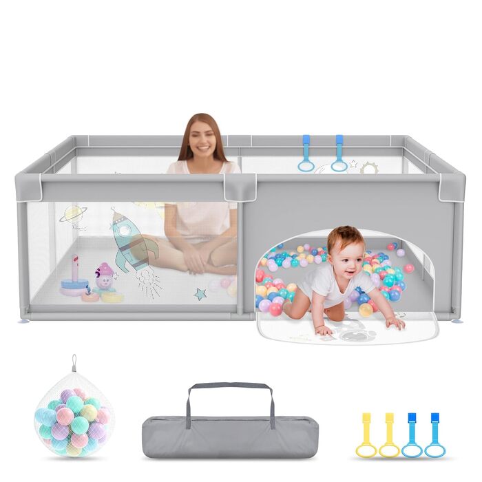 Дитячий манеж UISEBRT 180x200 см з 50 океанічними кульками, 4 ручками, переноскою, складаний, дихаюча сітка, синій з тваринами