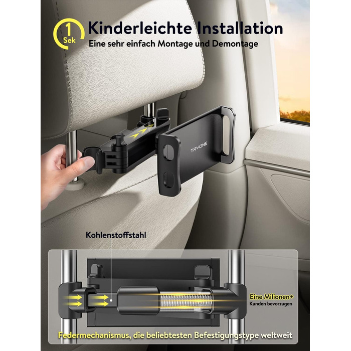 Тримач для планшету TRYONE в авто - кріплення на підголівник, висувний, для iPad, iPhone, Samsung Galaxy Tab, Kindle Fire HD, Switch, 4.7-11 дюймів, чорний