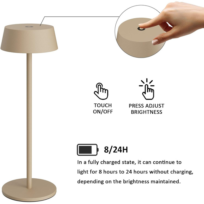 LED-лампа на акумуляторі K-Bright (2 шт.) - бездротова, тепле світло 3000K, регульована яскравість. Підходить для обіднього столу, читання, спальні, саду та ін. Хакі
