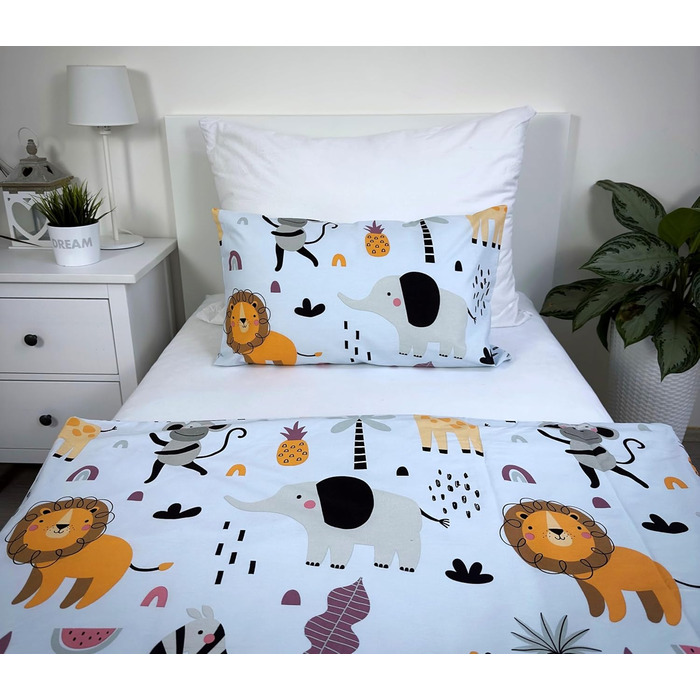 Комплект постільної білизни для дитячого ліжечка: комплект постільної білизни для малюків, комплект для ліжечка, простирадло 100x135 см та наволочка 40x60 см з бавовни, сертифікат Öko-Tex Standard, для хлопчиків та дівчаток (Тварини, Сафарі, Джунглі)