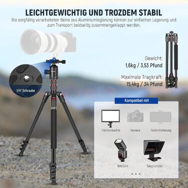 Штатив NEEWER 77' з алюмінію, монопод для DSLR та телефону, 360° кулькова головка, 2-осьова центральна колона, Arca QR пластина, сумка, портативний, вантажопідйомність 15,4 кг, TP77