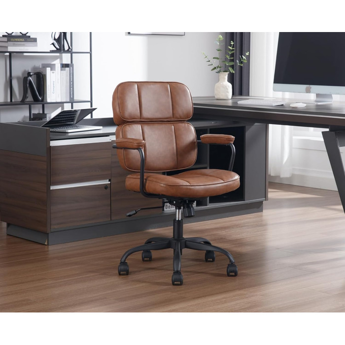 Офісний крісло з штучної шкіри, 360° обертання, регульована висота, ергономічний комп'ютерний стілець з підлокітниками для робочого кабінету/офісу/вітальні, Колір: Коричневий
