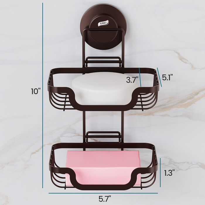 TAILI Shower Soap Dish with Drain and Hook, MAX Holds 5 KG, Stainless Steel Soap Dishes No Drilling, Bathroom Soap Holder Wall Mount, Double Soap Holder with Suction Cup, Sponge Holder, Brown